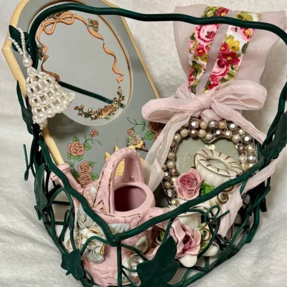 Vintage Shabby Chic Cottage Decor Bundle – Dresden Candlesticks, Swan Mirror
